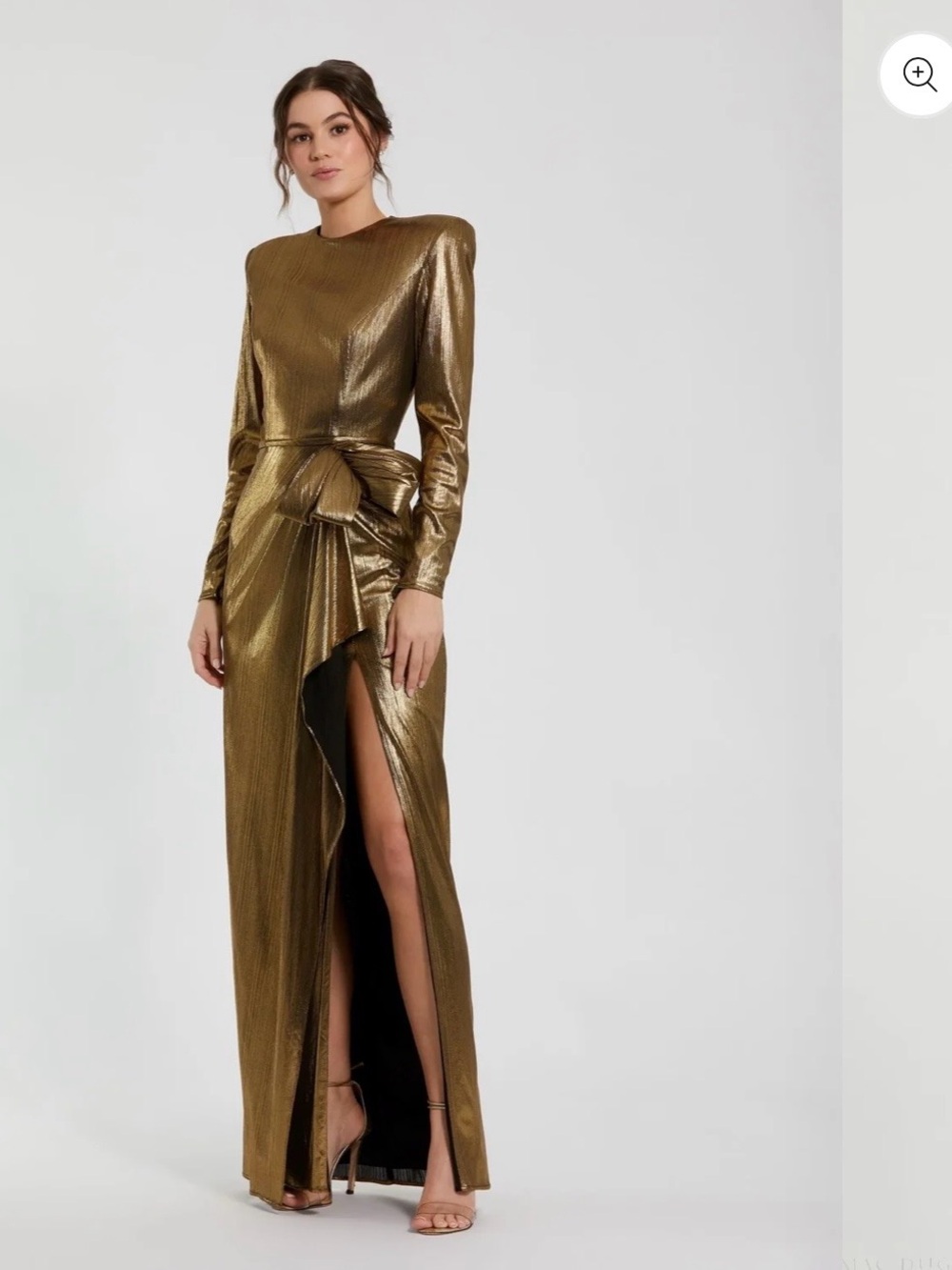 Mac Duggal Metallic Gold Long-Sleeve Maxi Gown with Side Slit